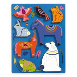 Wooden 3D Animal Peg Puzzles with Linear Designs