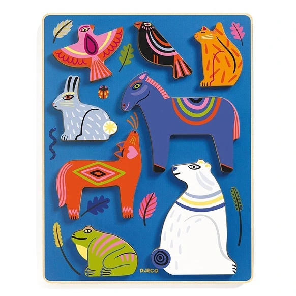 Wooden 3D Animal Peg Puzzles with Linear Designs