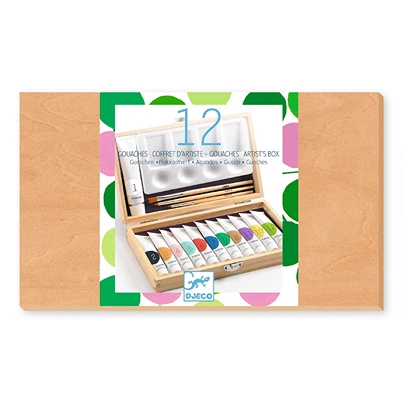 Wooden case with 12 tempera (gouache)