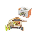 Wooden coffee food truck with accessories and figure