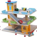 Wooden Parking Garage with Cars and Signs